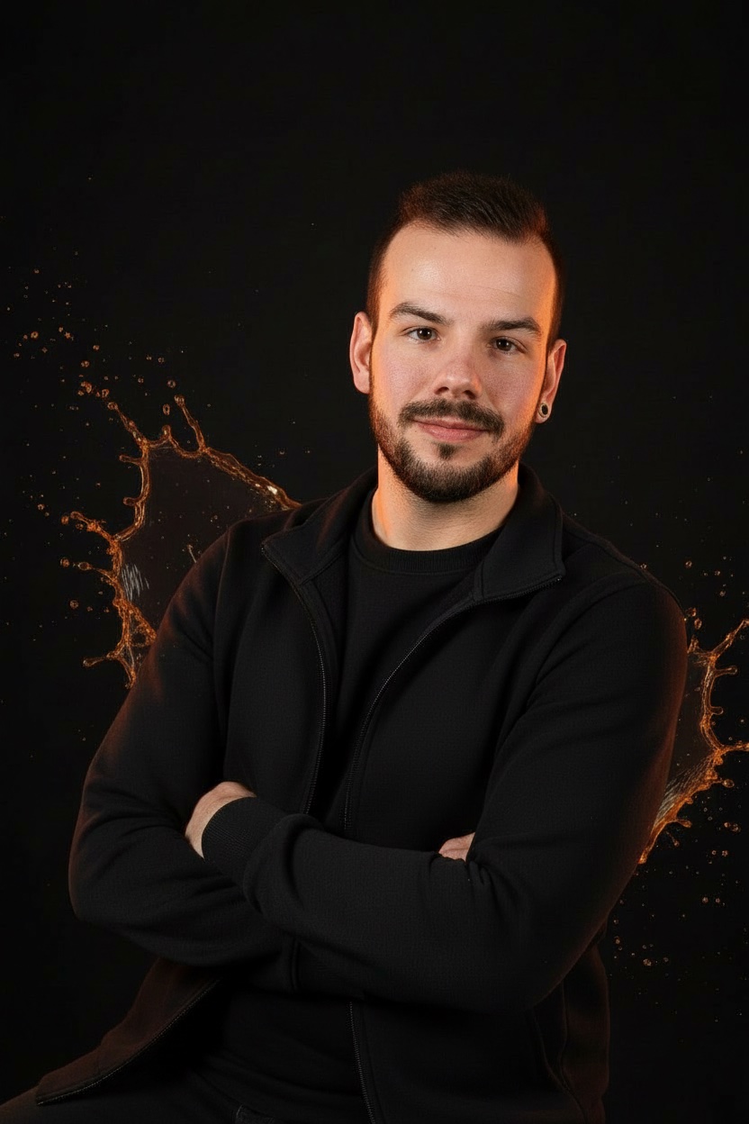 Nikita alias DJ FreeFall mit verschränkten Armen vor orangen Farbspritzern